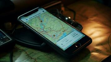 un teléfono en un coche con un mapa en el pantalla foto