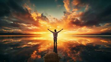 a person with their arms outstretched in front of a sunset photo