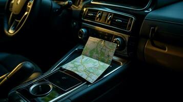 a phone in a car with a map on the screen photo