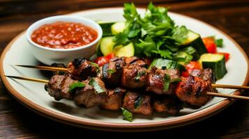 a plate of lamb kebabs with vegetables and a bowl of red photo