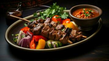 a plate of lamb kebabs with vegetables and a bowl of red photo