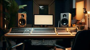 a recording studio with a sound board and a monitor photo