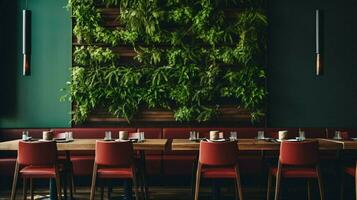 a restaurant with a green wall and a wooden table photo