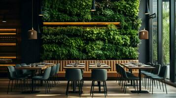 a restaurant with a green wall and a wooden table photo