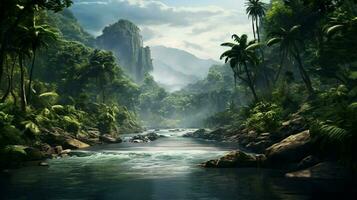 a tropical river in the jungle with mountains and trees photo