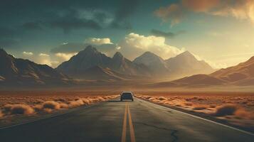 a road in the desert with mountains in the background photo