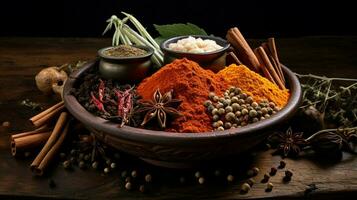 a rustic bowl full of aromatic spices photo