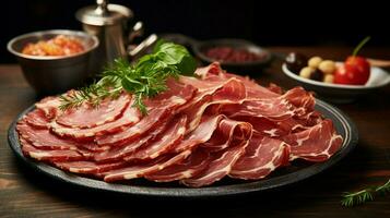 a rustic plate of smoked prosciutto salami and sliced photo