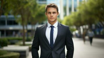 a serious young adult businessman standing outdoors looking photo