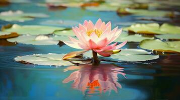 a single lotus flower floats on tranquil pond reflecting photo