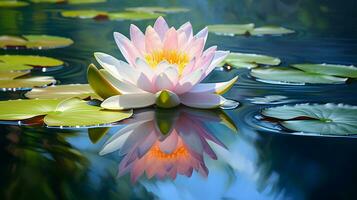 un soltero loto flor flotadores en tranquilo estanque reflejando foto