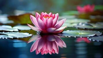 a single lotus flower floats on tranquil pond reflecting photo