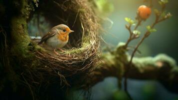 a small bird hatches in a nest on a tree branch photo