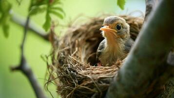 a small bird hatches in a nest on a tree branch photo