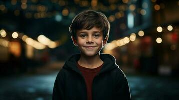 a smiling boy standing outdoors looking at camera photo