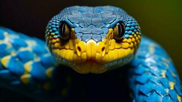 a snake with a blue face and yellow eyes photo