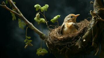 a small bird hatches in a nest on a tree branch photo