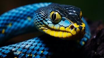 a snake with a blue face and yellow eyes photo