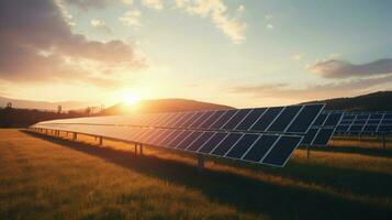 a solar farm in the field with a sunset in the background photo