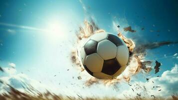 a soccer ball kicked in the bright daylight photo