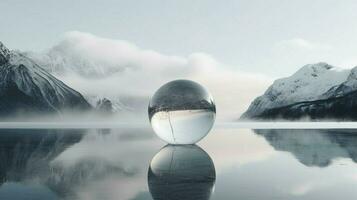 a sphere on a frozen lake with mountains on the top photo