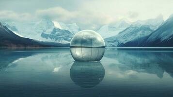 a sphere on a frozen lake with mountains on the top photo