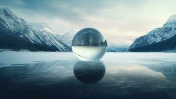 a sphere on a frozen lake with mountains on the top photo