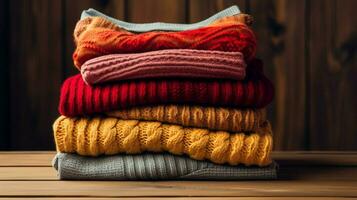 a stack of sweaters on a wooden table photo