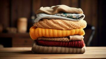 a stack of sweaters on a wooden table photo