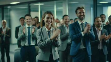 a successful business team presenting smiling and applaud photo