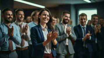 a successful business team presenting smiling and applaud photo