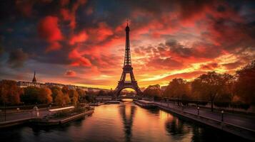 un puesta de sol ver de el eiffel torre desde París foto