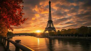 un puesta de sol ver de el eiffel torre desde París foto