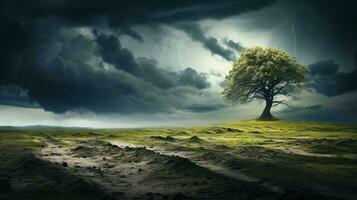 a tree in a field with a stormy sky photo