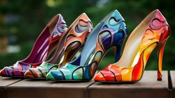 a vibrant collection of multi colored high heels for fash photo