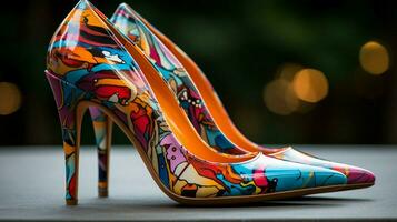 a vibrant collection of multi colored high heels for fash photo