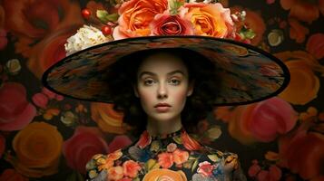un mujer vistiendo un grande sombrero con un floral modelo en eso foto