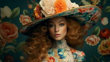 a woman wearing a large hat with a floral pattern on it photo