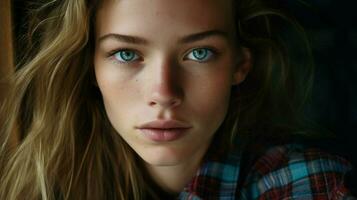 a woman with blue eyes and a plaid shirt is looking photo