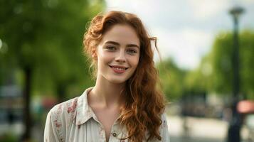 a young adult woman outdoors looking at camera smiling photo