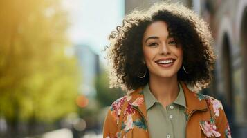 a young adult woman outdoors looking at camera smiling photo