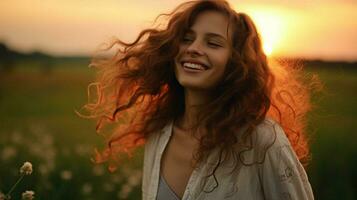 a young woman in a meadow smiling enjoying the sunset photo