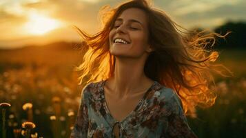 a young woman in a meadow smiling enjoying the sunset photo