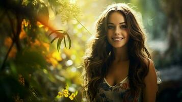 a young woman smiling looking at camera surrounded by nature photo