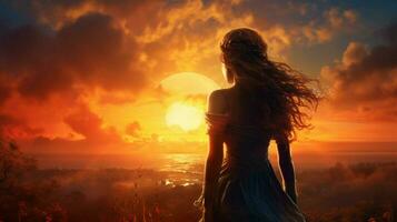 a young woman standing outdoors looking at the sunset photo