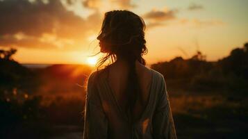un joven mujer en pie al aire libre mirando a el puesta de sol foto