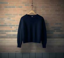 Hanging black sweater Mockup With brick Background ai generate photo