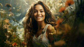 a young woman smiling looking at camera surrounded by nature photo