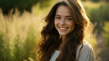 un joven mujer con largo marrón pelo sonrisas en naturaleza foto