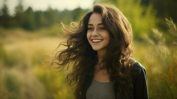 a young woman with long brown hair smiles in nature photo